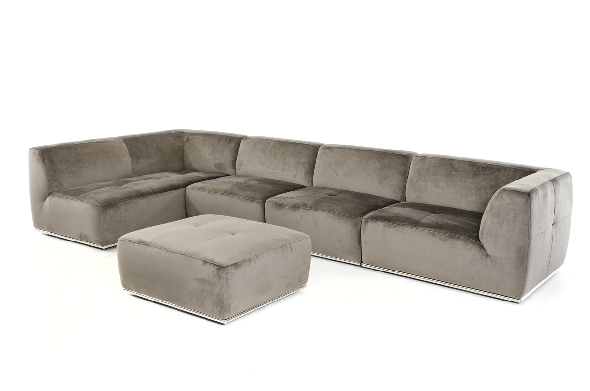 Divani Casa Hawthorn - Modern Grey Fabric Modular Left Facing Sectional Sofa + Ottoman
