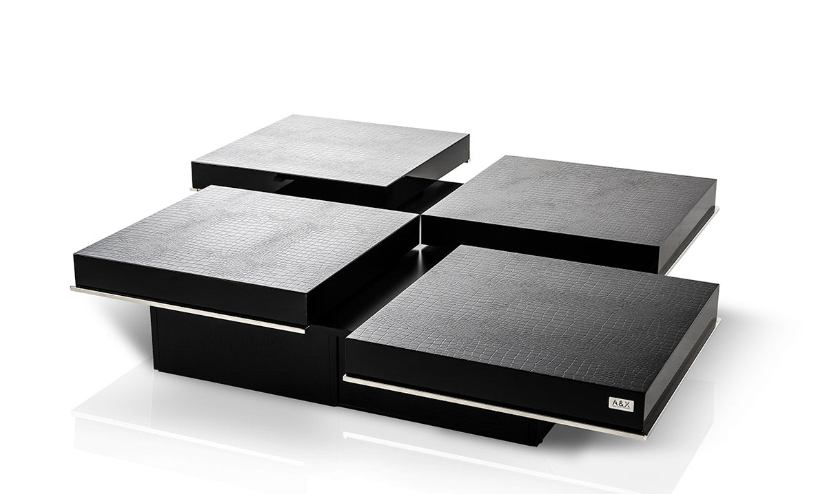 A&X Horizon - Modern Crocodile Black Coffee Table with Pull Out Squares