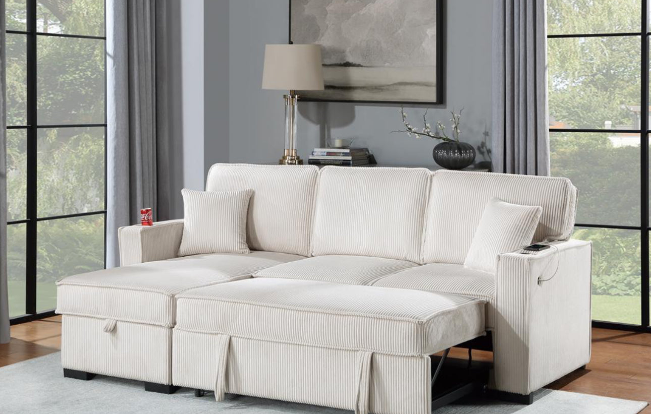 Sectional with pullout and reversible storage chaise