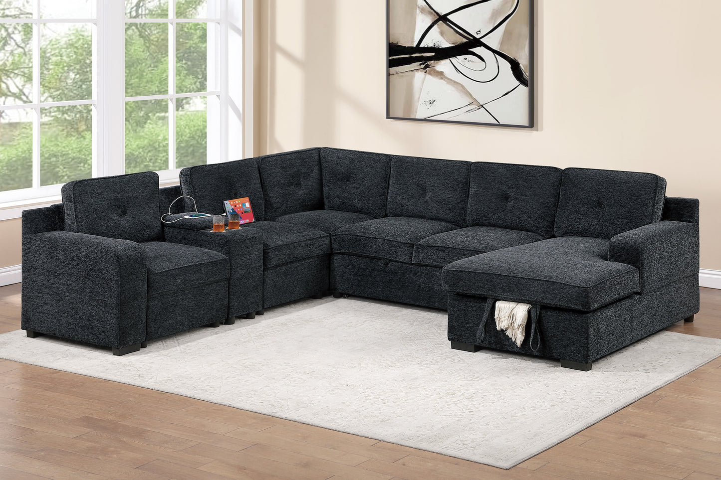 Chenille U Shape Sectional with Pullout