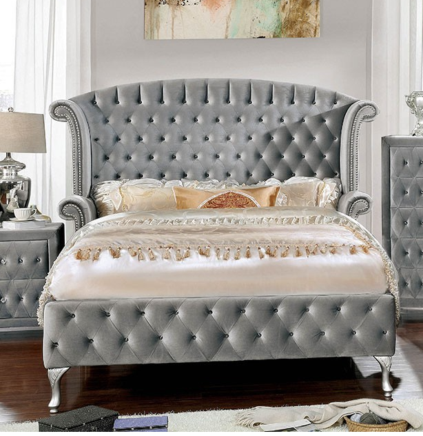 Velvet Gray Tufted Bedframe with WingBack