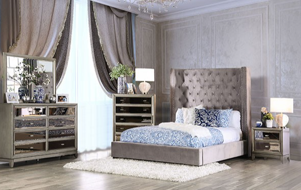 Gray Velvet Tufted High Headboard Bedframe