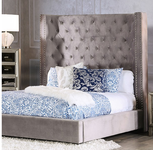 Gray Velvet Tufted High Headboard Bedframe