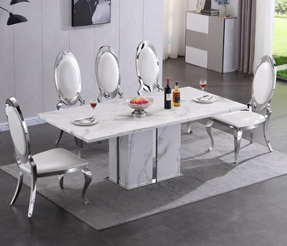 Rectangular Marble Dining Table with 6 Chairs Set