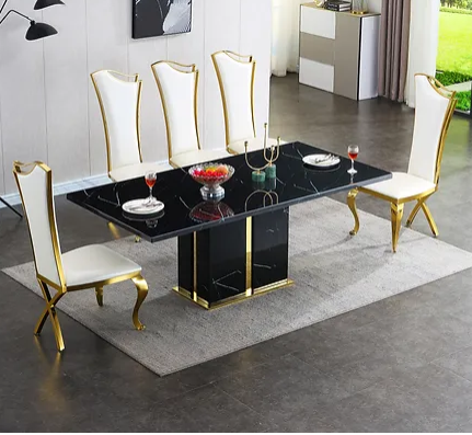 Rectangular Marble Dining Table with 6 Chairs Set