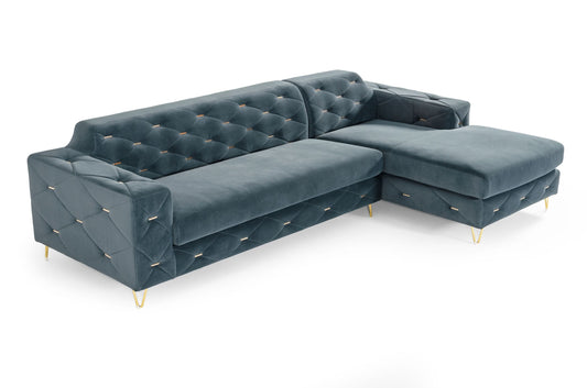 Divani Casa Chesterfield - Blue Velvet Right Facing Sectional Sofa