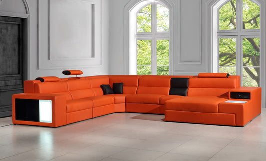 Divani Casa Polaris - Contemporary Orange Bonded Leather U Shaped Sectional Sofa with Lights