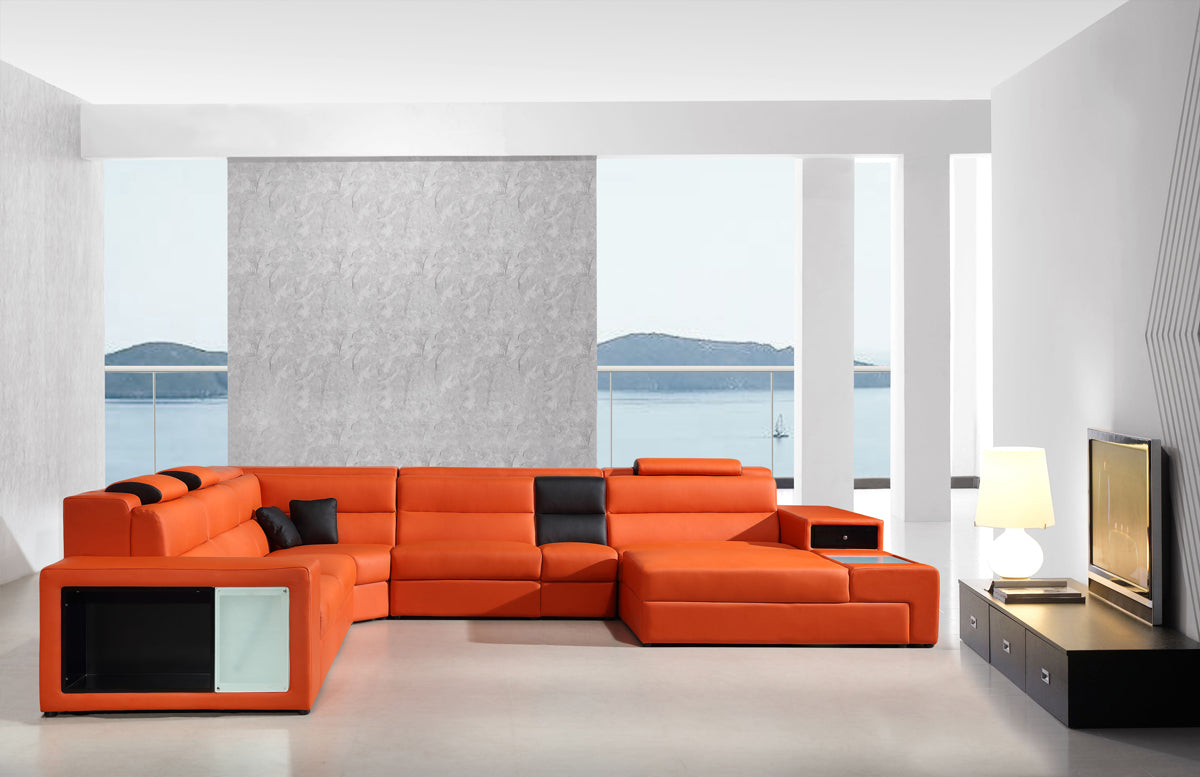 Divani Casa Polaris - Contemporary Orange Bonded Leather U Shaped Sectional Sofa with Lights