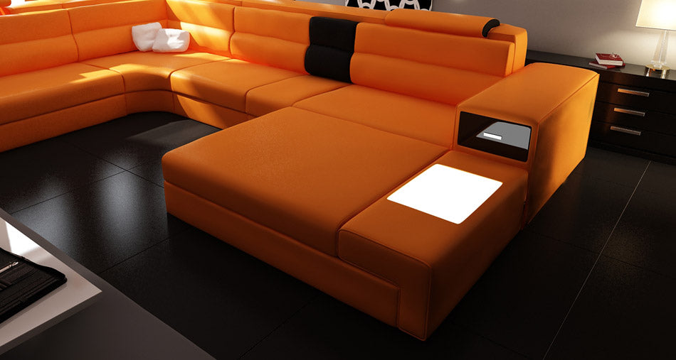 Divani Casa Polaris - Contemporary Orange Bonded Leather U Shaped Sectional Sofa with Lights
