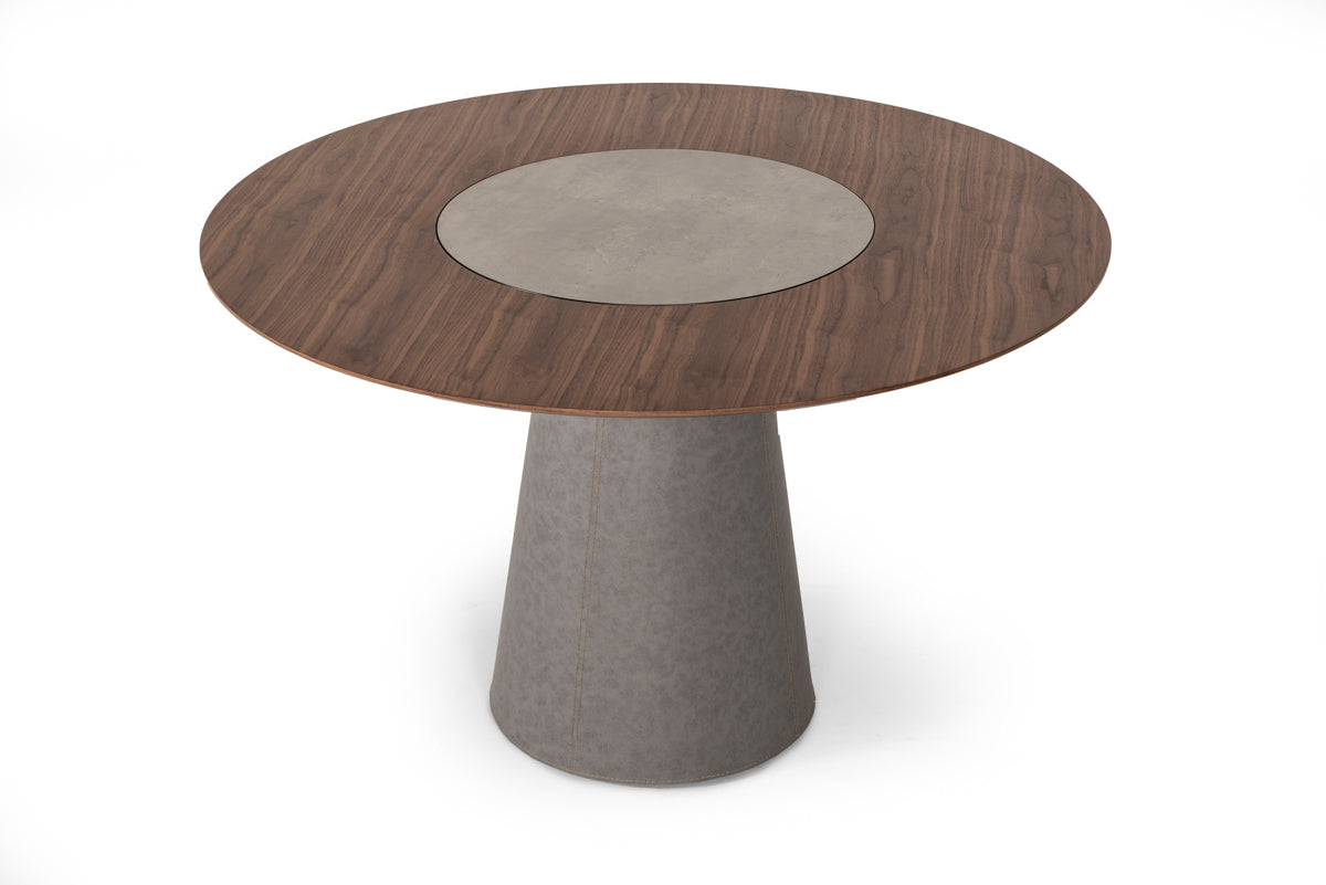 Modrest Alanna Modern Round Walnut Dining Table w/ Lazy Susan