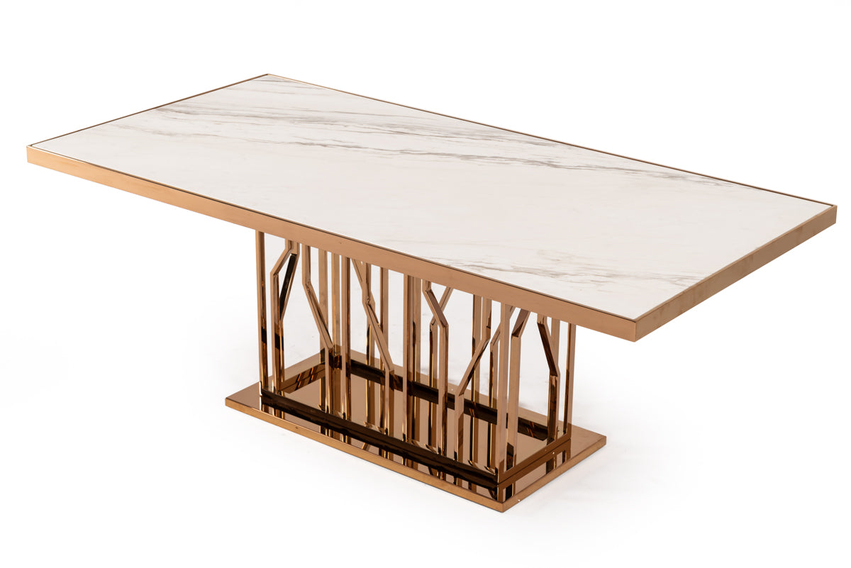 Modrest Marston Modern White Marble & Rosegold Dining Table