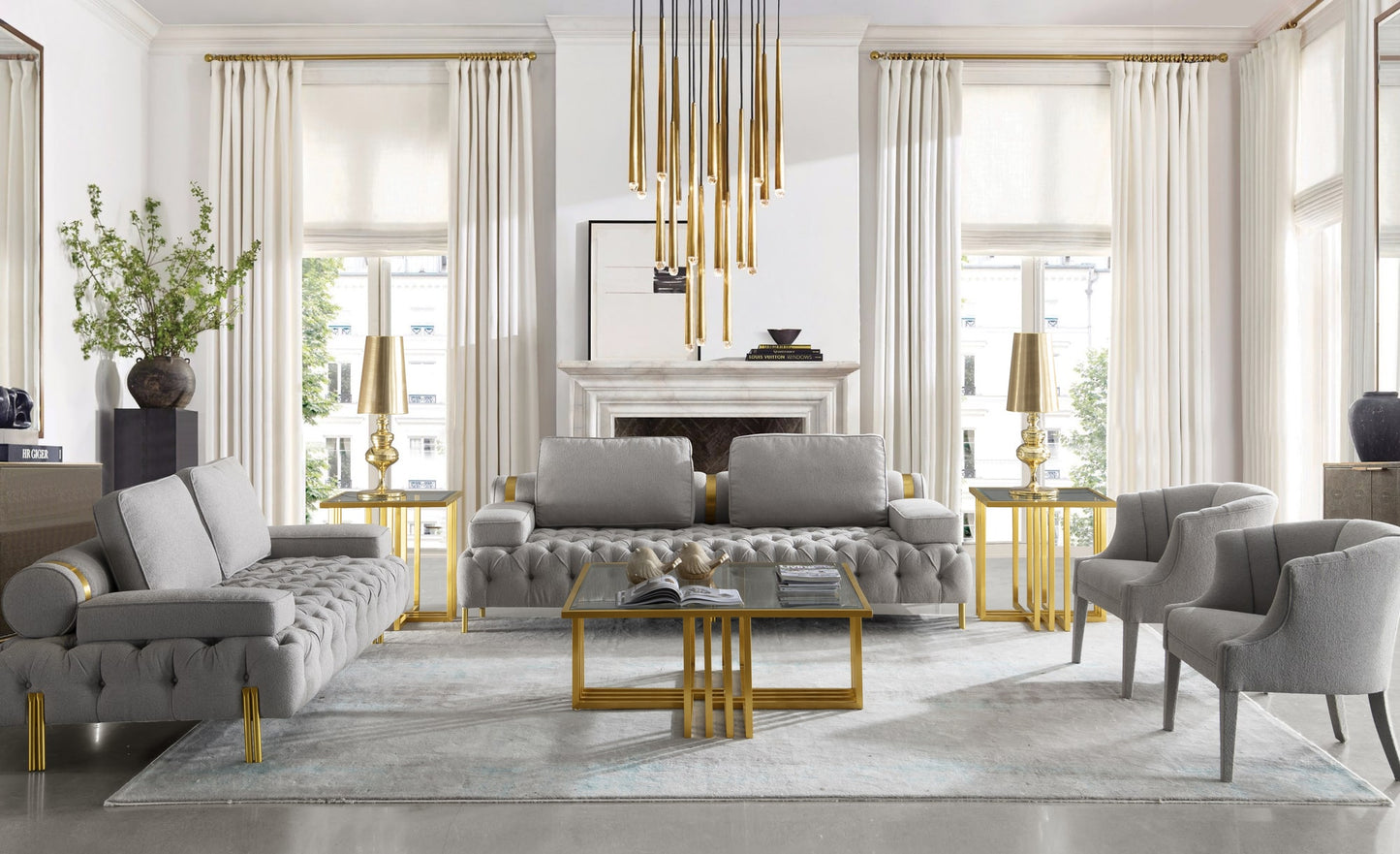 Divani Casa Ladera - Glam Grey and Gold Fabric Sofa