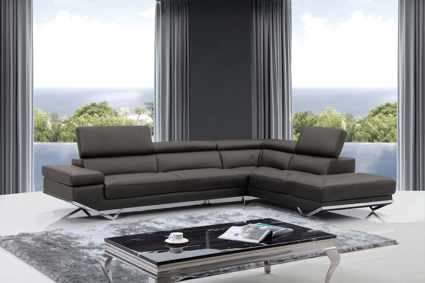 Divani Casa Quebec - Modern Dark Grey Eco-Leather Right Facing Sectional Sofa