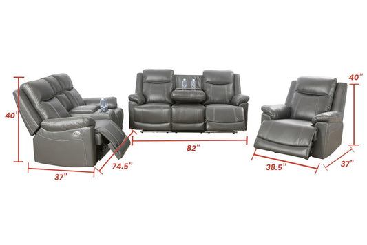 1- Powered 3 Gray Pieces Living Room Reclining Sofa Sets