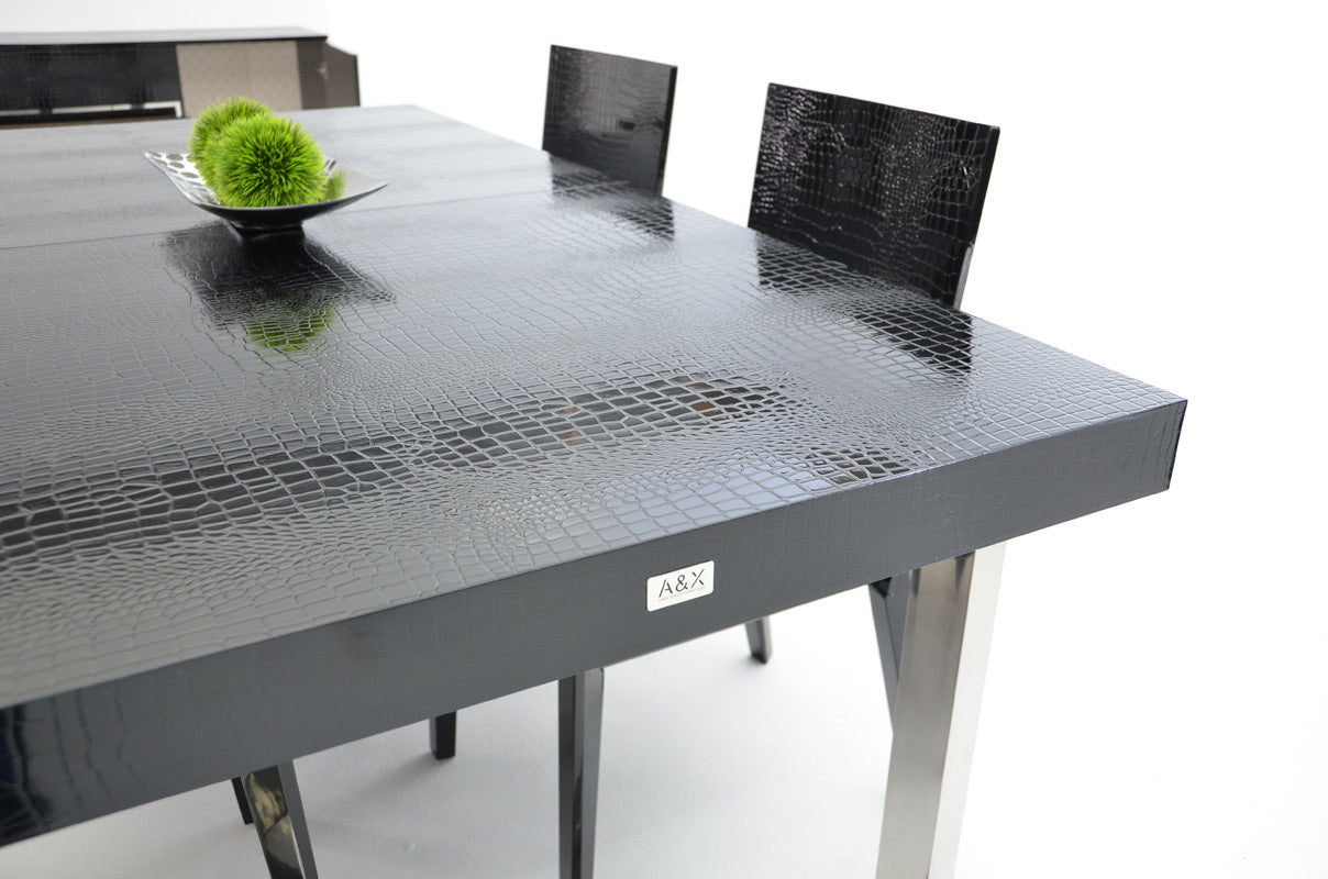 A&X Skyline - Modern Black Crocodile Lacquer Extendable Dining Table