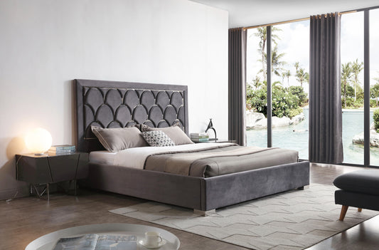 Modrest Audrey Modern Grey Velvet & Stainless Steel Bed