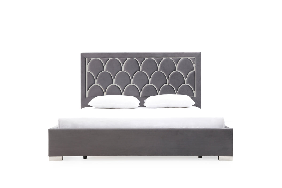 Modrest Audrey Modern Grey Velvet & Stainless Steel Bed