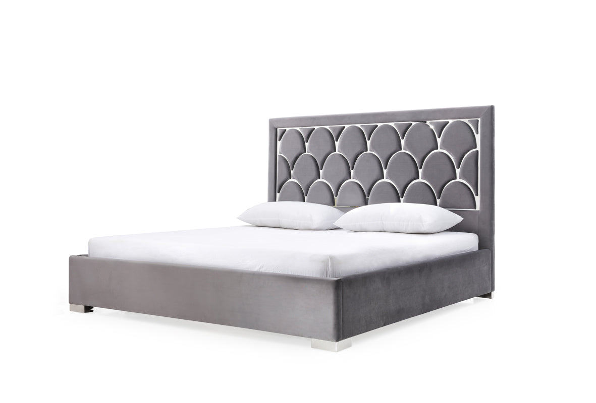 Modrest Audrey Modern Grey Velvet & Stainless Steel Bed