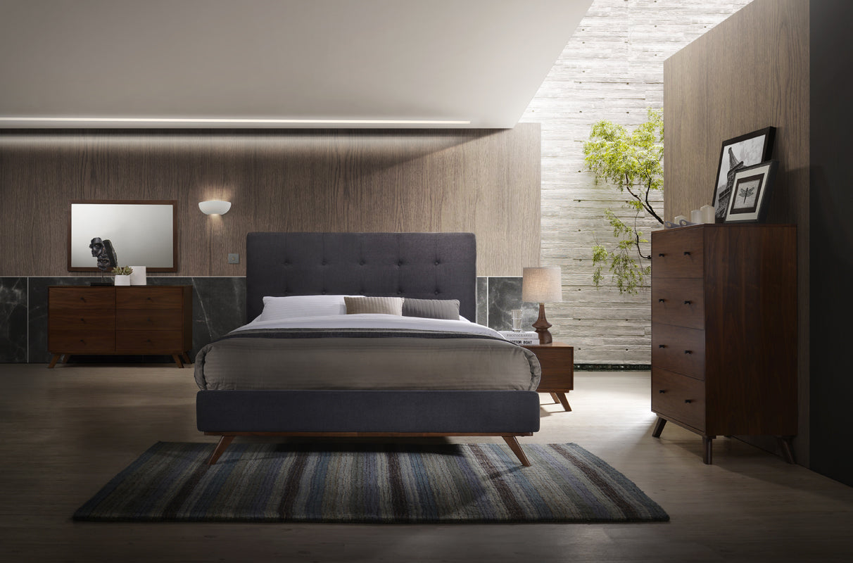 Modrest Addison Mid-Century Modern Grey Fabric & Walnut Bed