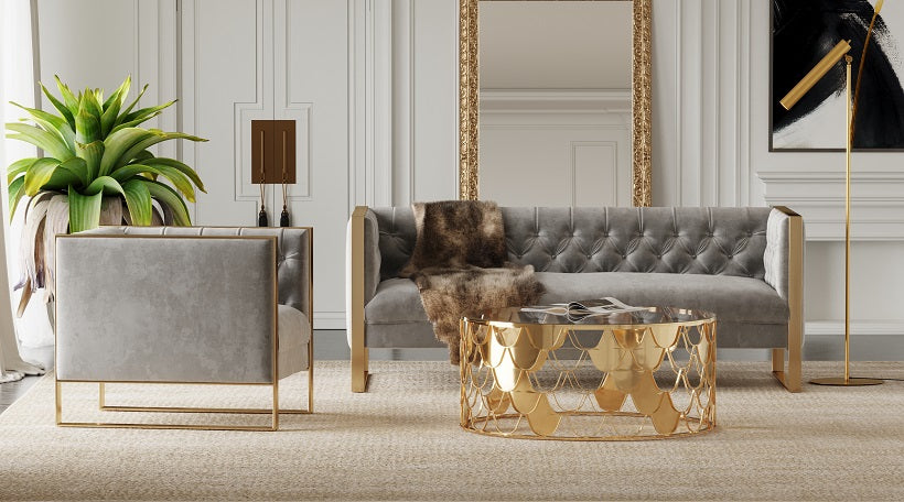 Divani Casa Carlos Modern Grey Velvet & Gold Sofa