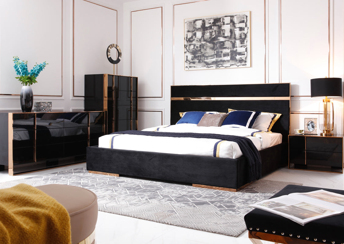 Nova Domus Cartier Modern Black Velvet & Rosegold Bed