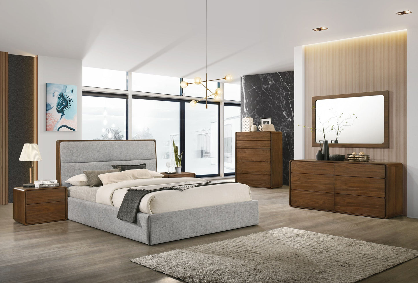 Modrest Dustin - Modern Grey Fabric & Walnut Trimmed Bedroom Set