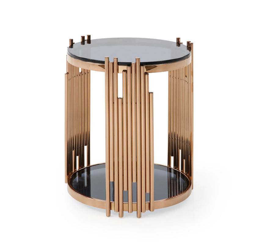 Modrest Bryce Modern Smoked Glass & Rosegold Round End Table