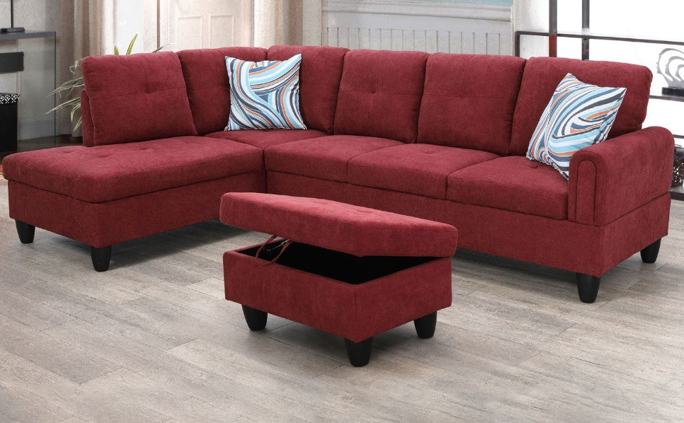 Red Flannel Sectional with Storage Ottoman