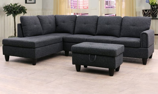 Dark Grey Fabric Sectional with Storage Ottoman