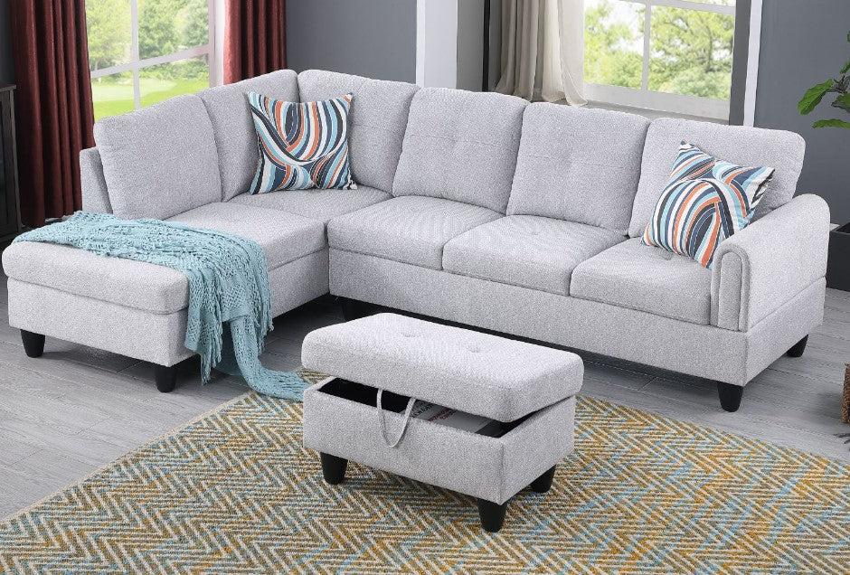 1- Light Grey Flannel Sectional with Storage Ottoman