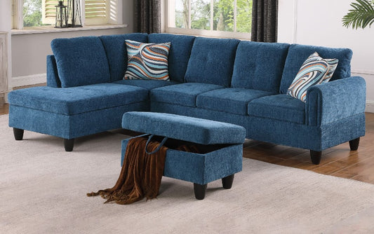 Blue Flannel Sectional with Storage Ottoman