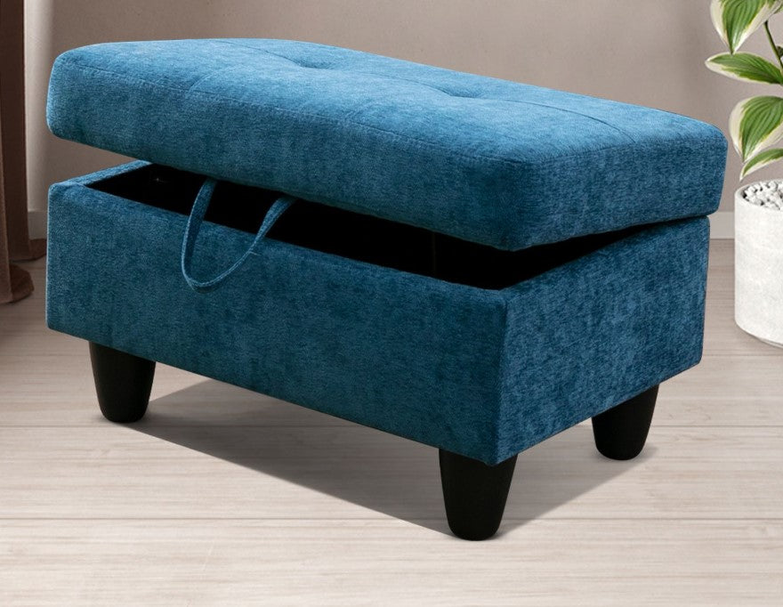 Blue Flannel Sectional with Storage Ottoman