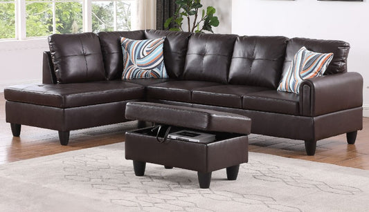 Brown Faux Leather Sectional with Storage Ottoman