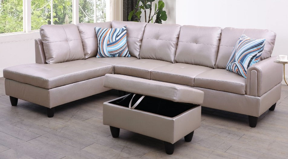 Latte Faux Leather Sectional with Storage Ottoman