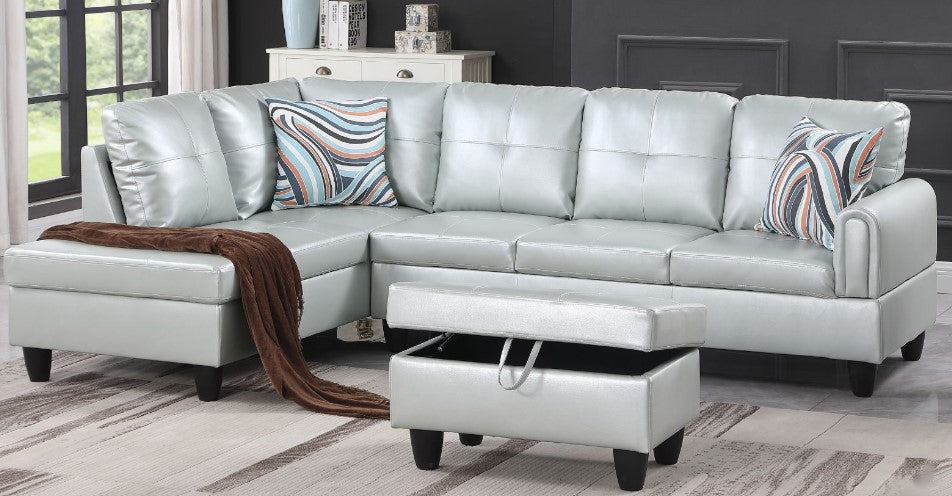 Powder Faux Leather Sectional with Storage Ottoman