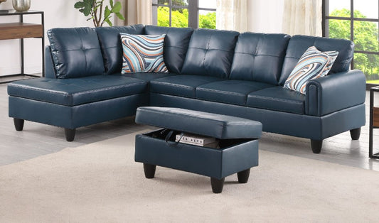 Denim Faux Leather Sectional with Storage Ottoman