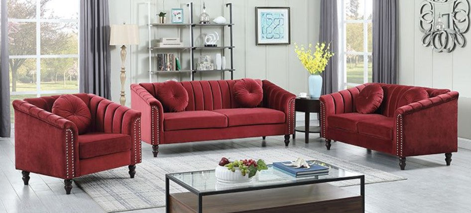 Round Arm 3-Piece Velvet Rectangular Sectional Sofa in Red