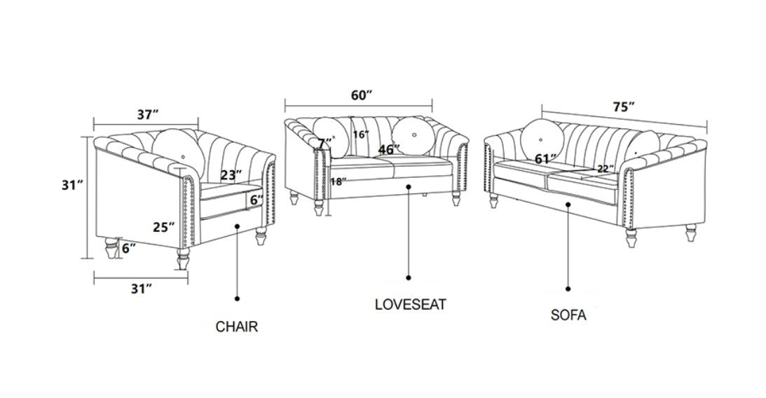 Round Arm 3-Piece Velvet Rectangular Sectional Sofa in Grey