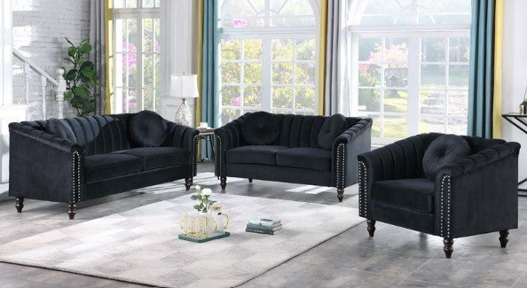 Round Arm 3-Piece Velvet Rectangular Sectional Sofa in Black