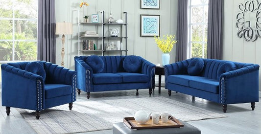 Round Arm 3-Piece Velvet Rectangular Sectional Sofa in Blue