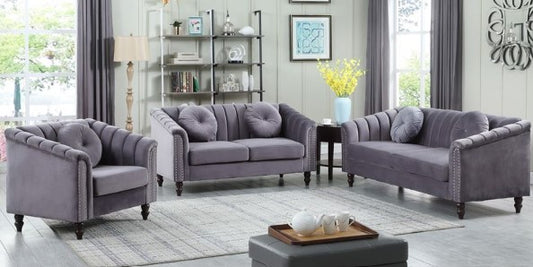 Round Arm 3-Piece Velvet Rectangular Sectional Sofa in Grey