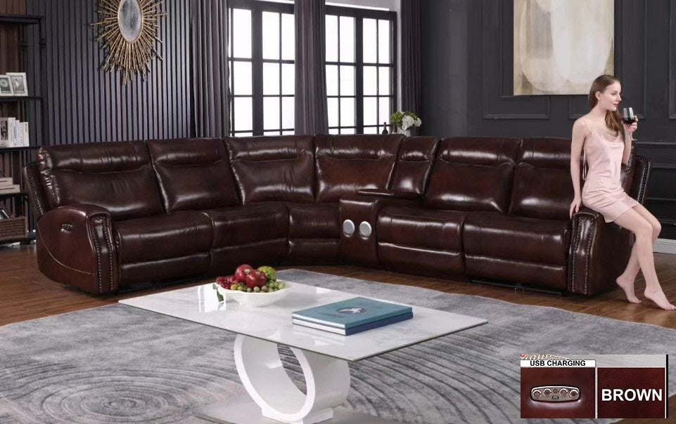 Brown Genuine Leather Power Recliner Sectional