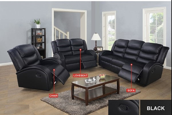 Faux Leather Sofa Set Recliners Black  (Set of 3)