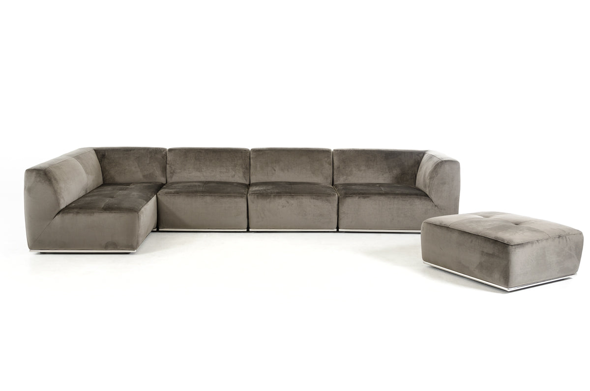 Divani Casa Hawthorn - Modern Grey Fabric Modular Left Facing Sectional Sofa + Ottoman