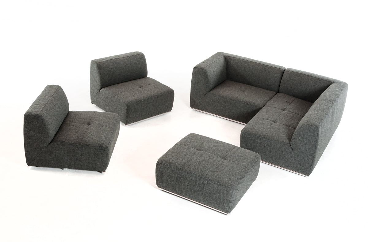 Divani Casa Hawthorn - Modern Grey Fabric Modular Right Facing Sectional Sofa + Ottoman