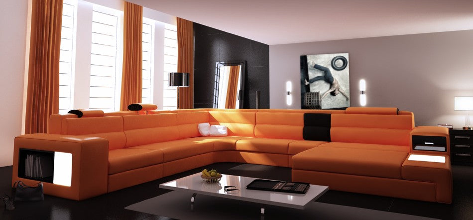 Divani Casa Polaris - Contemporary Orange Bonded Leather U Shaped Sectional Sofa with Lights