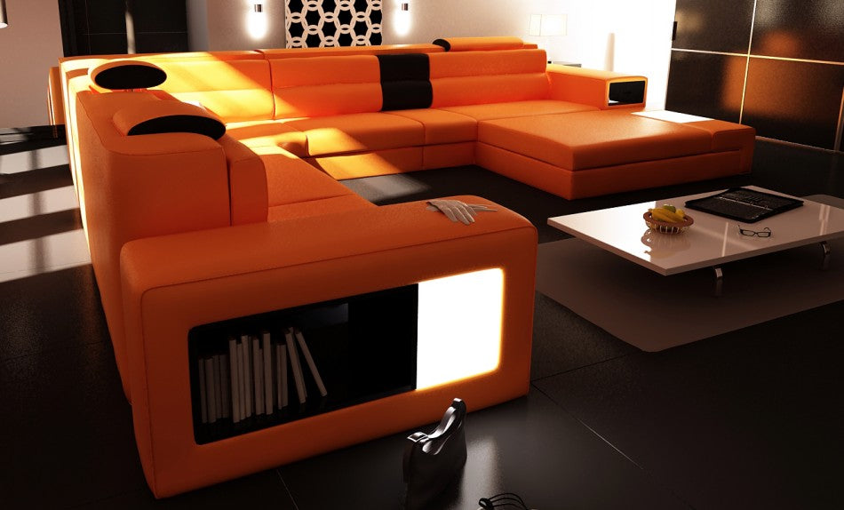 Divani Casa Polaris - Contemporary Orange Bonded Leather U Shaped Sectional Sofa with Lights