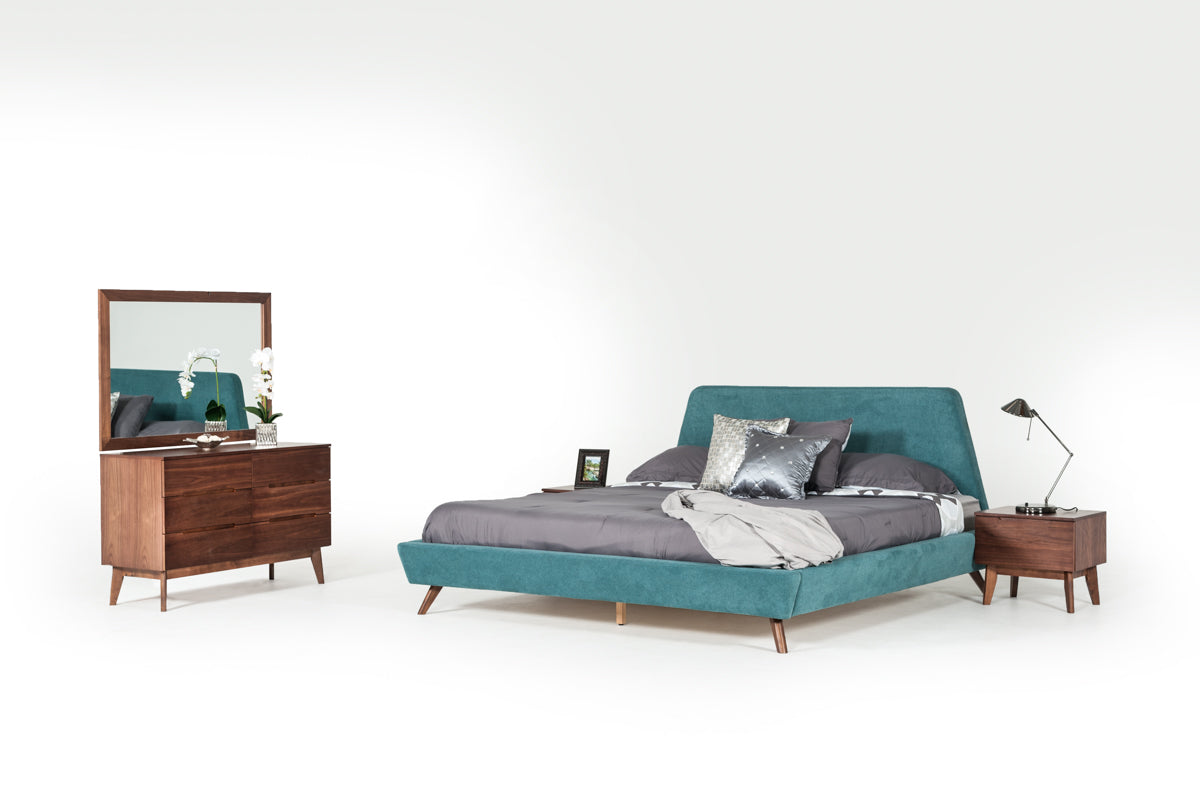 Modrest Lewis Mid-Century Modern Teal & Walnut Bed