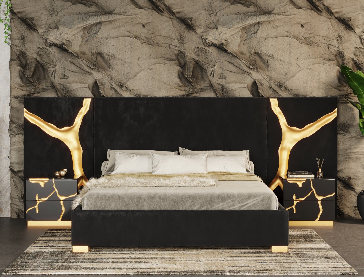 Modrest Aspen - Eastern King Glam Black Velvet & Gold Bed