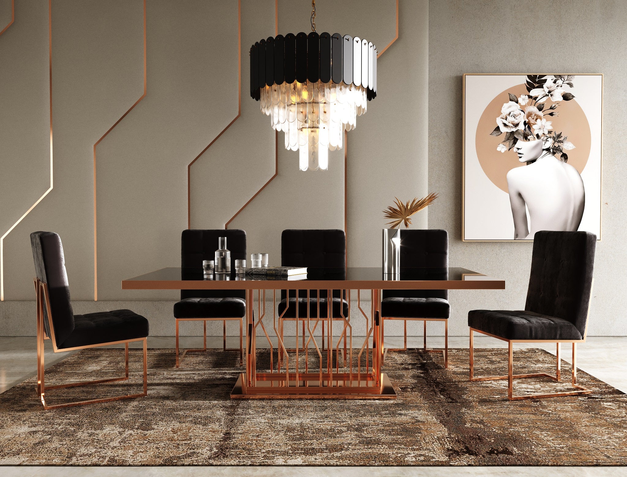 Modrest Marston Modern Black Glass & Rosegold Dining Table – 413 Wholesale